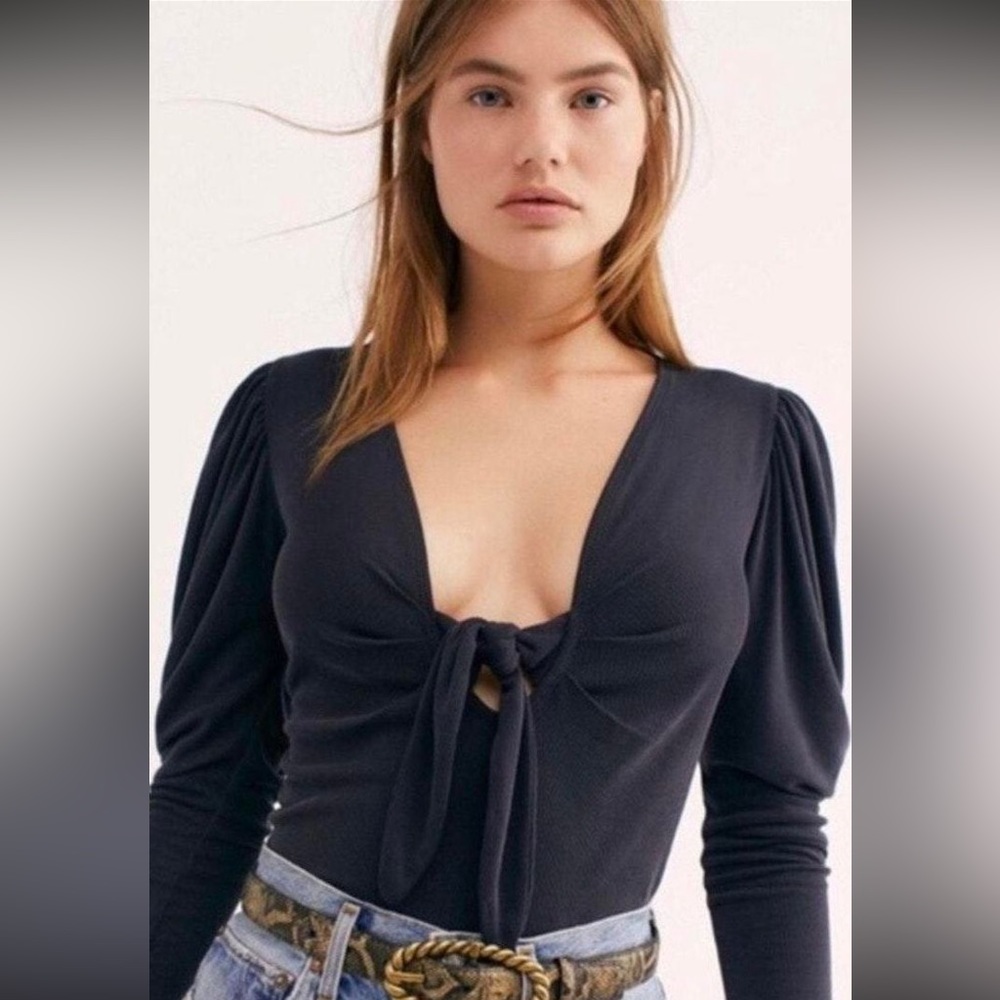 Free People drapey ribbed V-neck tie knot top